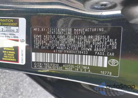 2013 Toyota Camry Le из США, поврежденный, VIN 4T1BF1FK8DU238453